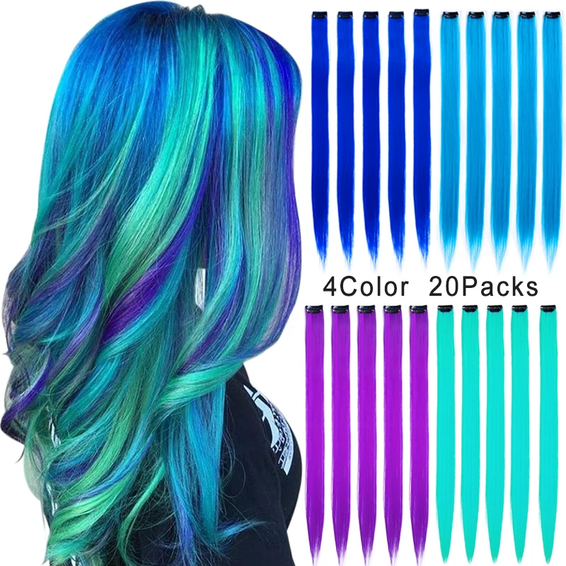 20PCS Colored Hair Extension 22Highlight Straight Clip in Hair Extension Rainbow Colorful Synthetic Hairpieces for Women Girls hairro 10 inches synthetic clip in hair extensions straight natural clip in hairpieces ombre short hair extension for women