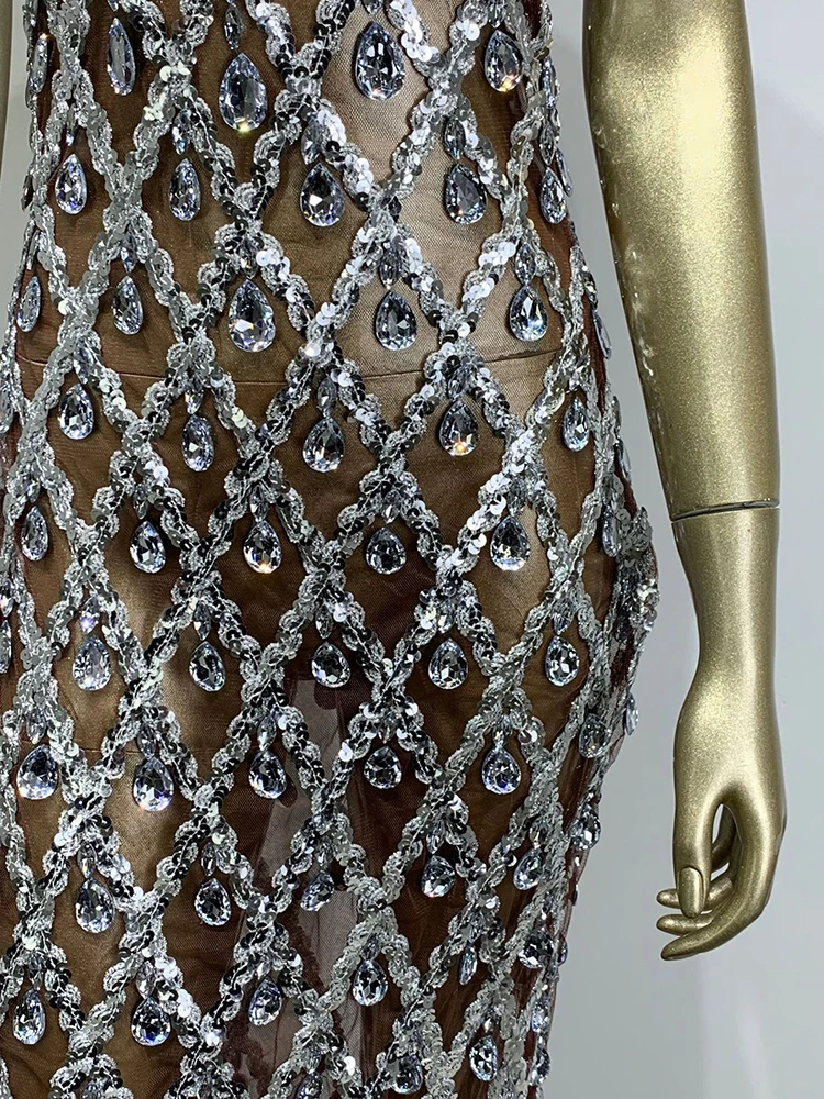 2023 New Sparkly Silver Big Rhinestone Transparent Long Dress Evening Birthday Celebrate Luxurious Costume Dancer Flashing Dress