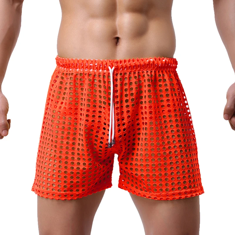 Men's Swimming Trunks Fishnet Casual Shorts Summer Swim Briefs Solid Color Mesh Drawstring Loose Lounge Shorts Swim