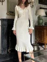 TARUXY High Waist Ruffled Maxi Dresses For Women Autumn Winter Knitted Slim Long Dress Women's Vintage Dress Woman Retro Elegant 1