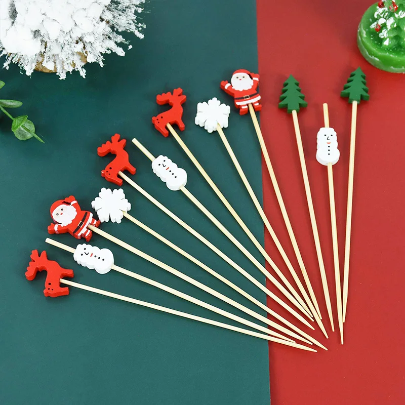 Christmas Tree Santa Claus Snowflake Bamboo Stick Disposable Xmas Food Fruit Picks 100Pcs food picks,food toothpicks