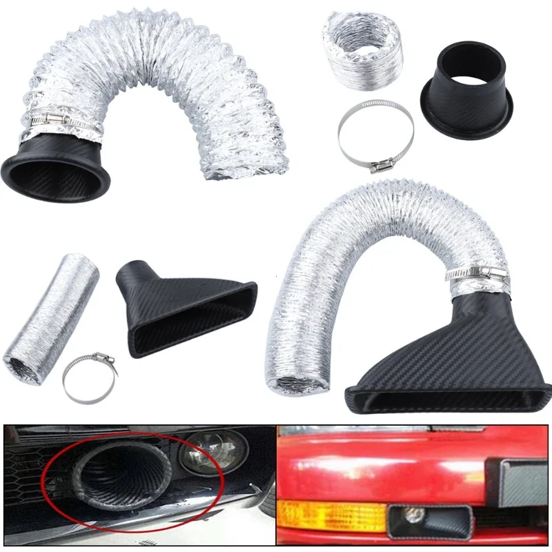 Air Intake Kit Universal Car Front Bumper Admission Air Turbo Air Intake Pipe Kit ABS Turbine Inlet Kit Pipe Funnel Carbon Fiber Look