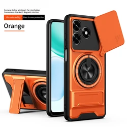 360° Rotating Ring Magnetic Stand Shockproof Magsafe Phone Cover with Slide Camera Protector - Honor Play10A (Orange)
