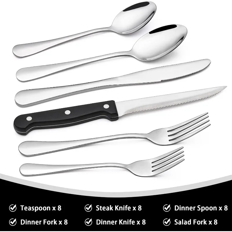 48 Pcs Silverware Set with Steak Knives Service for 8,Stainless Steel  Flatware Set,Mirror Polished Cutlery Utensil Set,Home Kitchen Eating  Tableware Set,Include Fork Knife Spoon Set,Dishwasher Safe