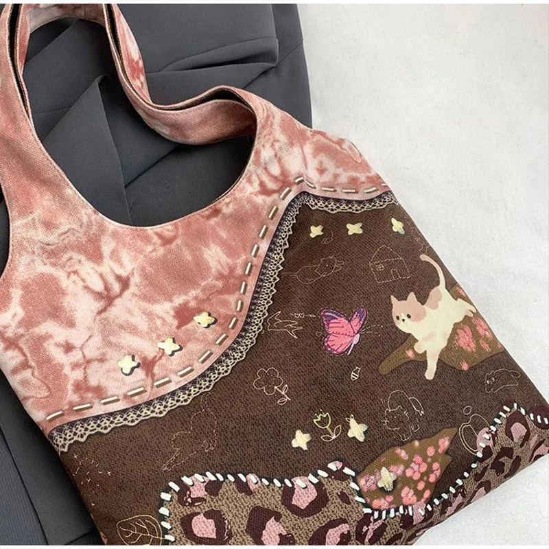 Retro-Einkaufstasche mit Leopardenmuster, kreative Canvas-Tasche mit Welpenmuster, stilvolle lässige Umhängetasche, umweltfreundliche Einkaufstasche, Damen-Handtasche – Detail 4