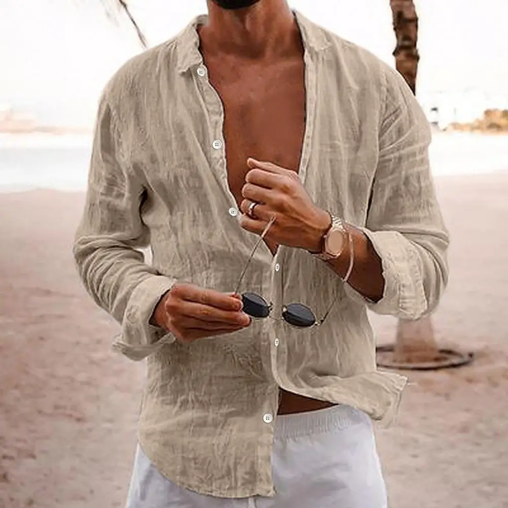 Cotton Linen Men Lapel Long Sleeve Shirt Tops Pleated Thin Solid Color Single Breasted V-neck Casual Shirt Tops Breathable Shirt