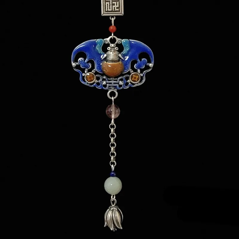 Original Classical 925 Silver Blue Enamel Ethnic Style Accessories Exquisite Hollowed Out Long Button Pendant Jewelry