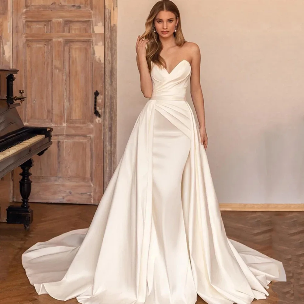 

PERFECT Elegant Mermaid Wedding Dress Strapless Sweetheart Sleeveless Pleat Zipper Back Detachable Train Vestidos De Noiva