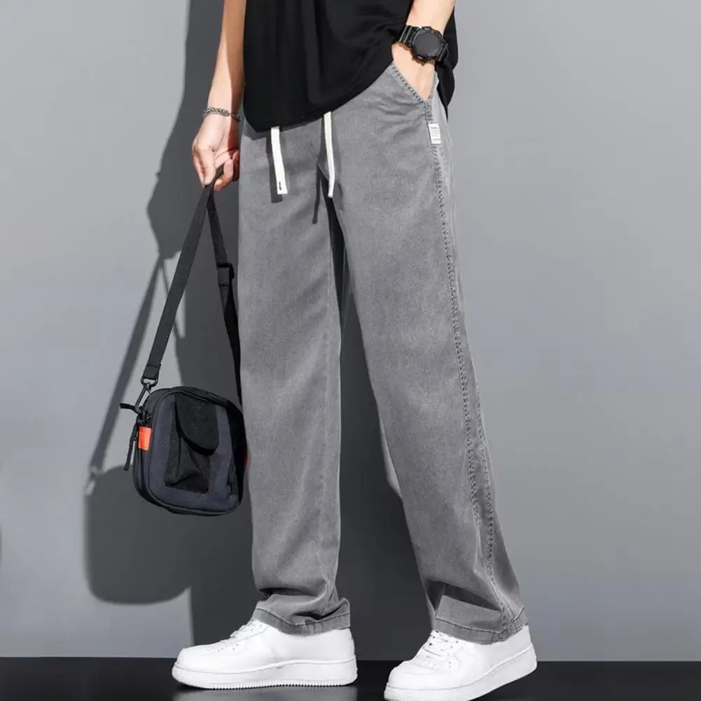 Description Picture 6 of itemMen Pants Wide Leg Straight Thin Side Pockets Drawstring Elastic Waist Solid Color Gym Traning Jogging Sweatpants Long Trousers