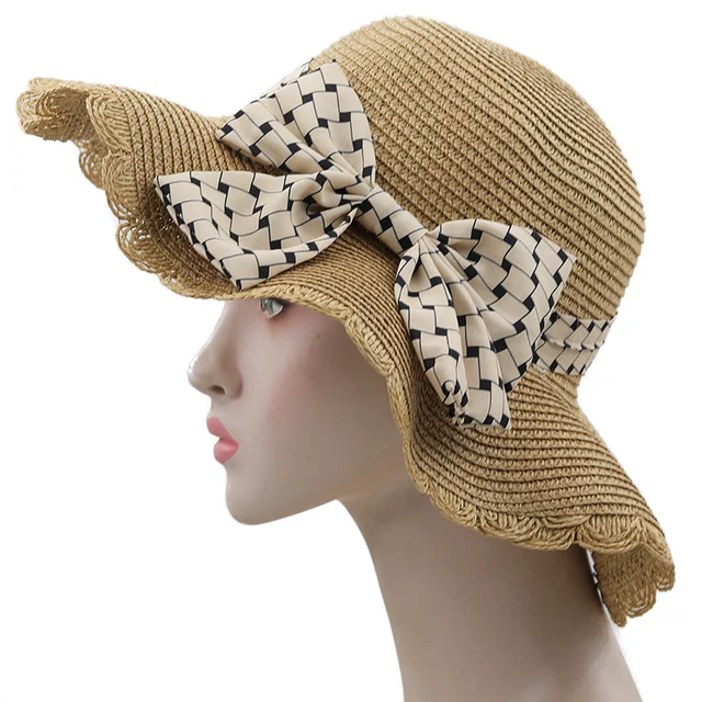 New Straw Hat for Women Foldable Wide Brim Floppy Girls Sun Hat Lattice Bow Beach Women Summer Hat Travel Cap Lady Cap 2