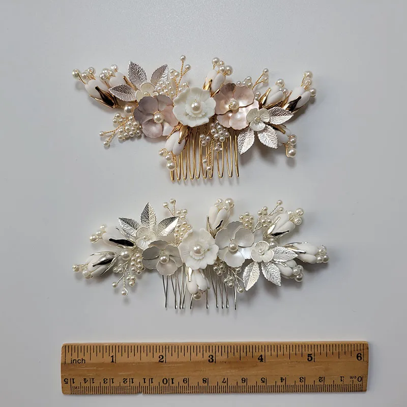 SLBRIDAL Handmade Crystal Rhinestone Pearls Ceramic Flower Bridal Hair Comb Wedding Hair Accessories Bridesmaids Women Jewelry