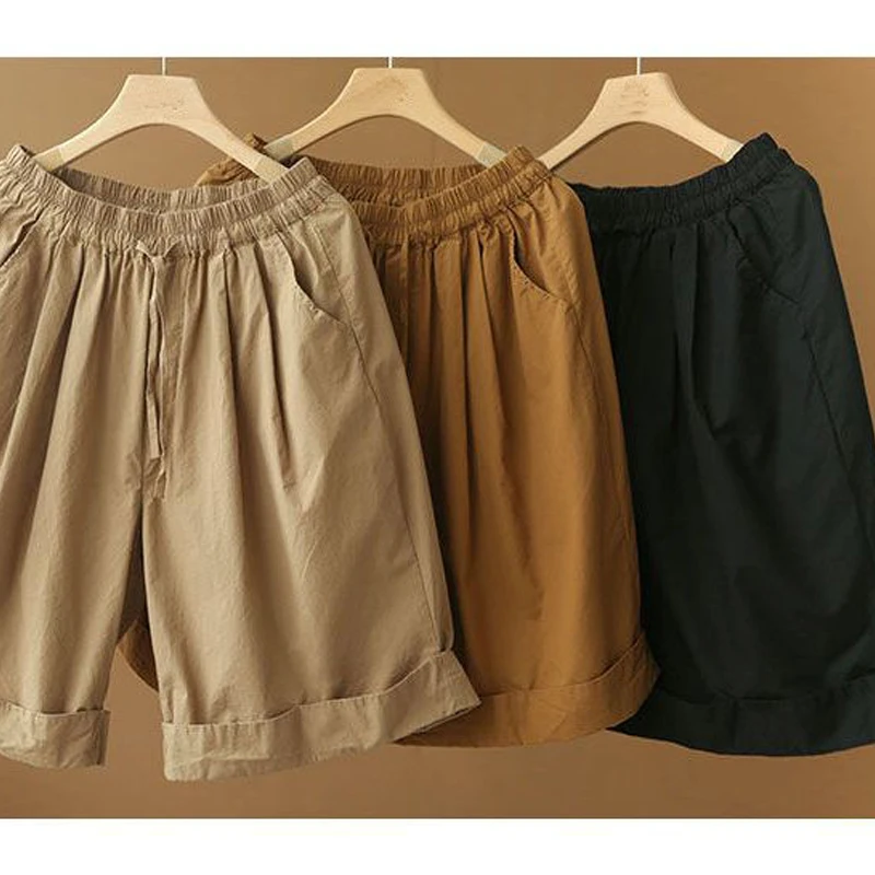 Women's Clothing Japanese Style Elastic High Waist Simple Beach Shorts Female Casual Streetwear Loose Wide Leg Knee Length Pants