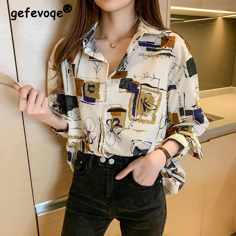 

Spring Autumn New Korean Style Trend Print Buttons Long Sleeve Chiffon Shirt Ladies Elegant Fashion All-match Blouse Top Women