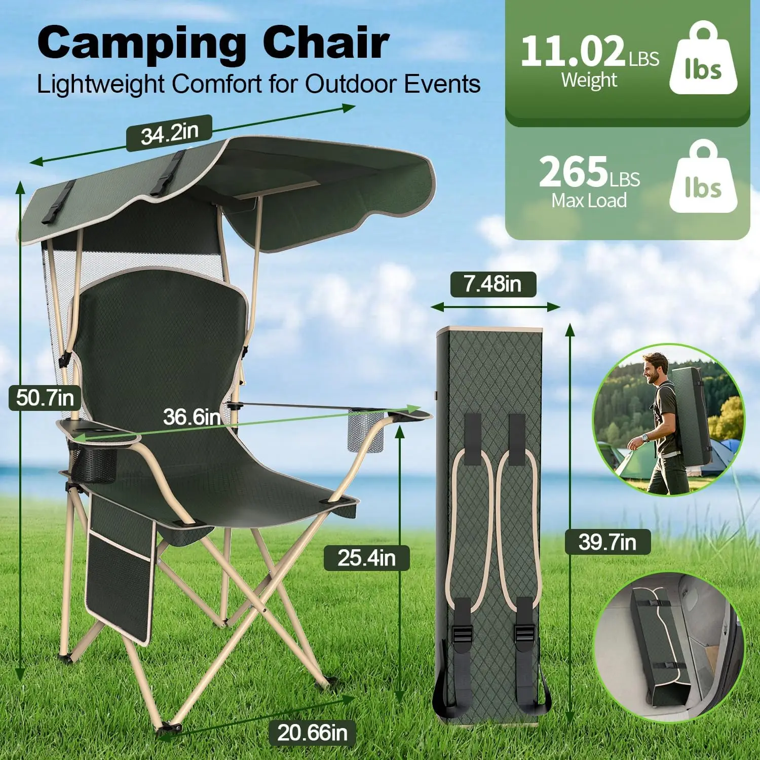 Portable Camping Chair with - Folding Chair with , Durable 600D Oxford Canopy Chair for , Beach, Picnics, Fishing & Sports