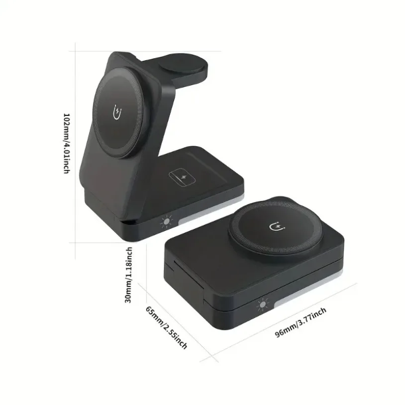 VIKEFON 3 in 1 Foldable LED Light Wireless Charger Stand For iPhone 16-12 Apple Watch 2-9 SE Airpods Pro Fast Charging Station