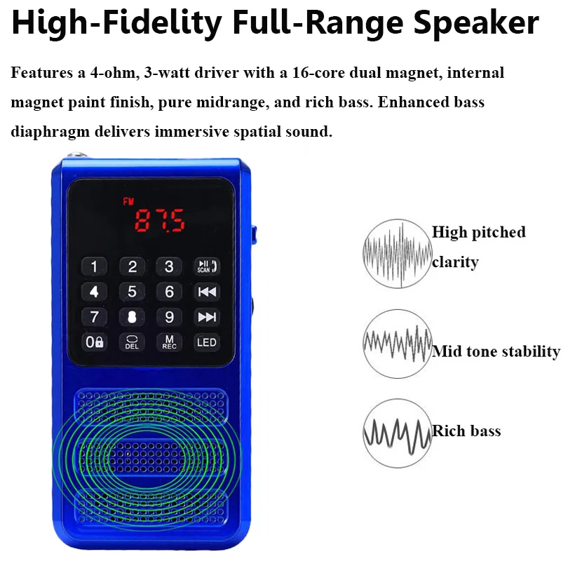 Mini Pocket FM Radio Large LED Screen Radios Receiver with Flashlight Wireless Bluetooth Speaker Recorder Handsfree Call TF Play