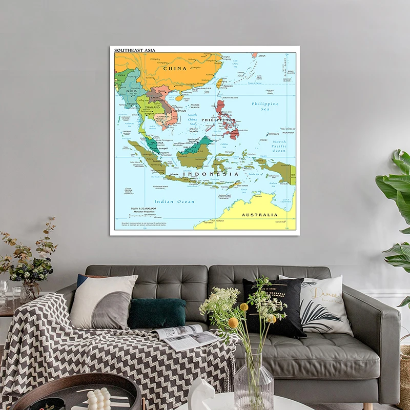 90*90cm The Southeast Asia Map In English Non-woven Canvas Painting Unframed Poster Home Decoration School Classroom Supplies