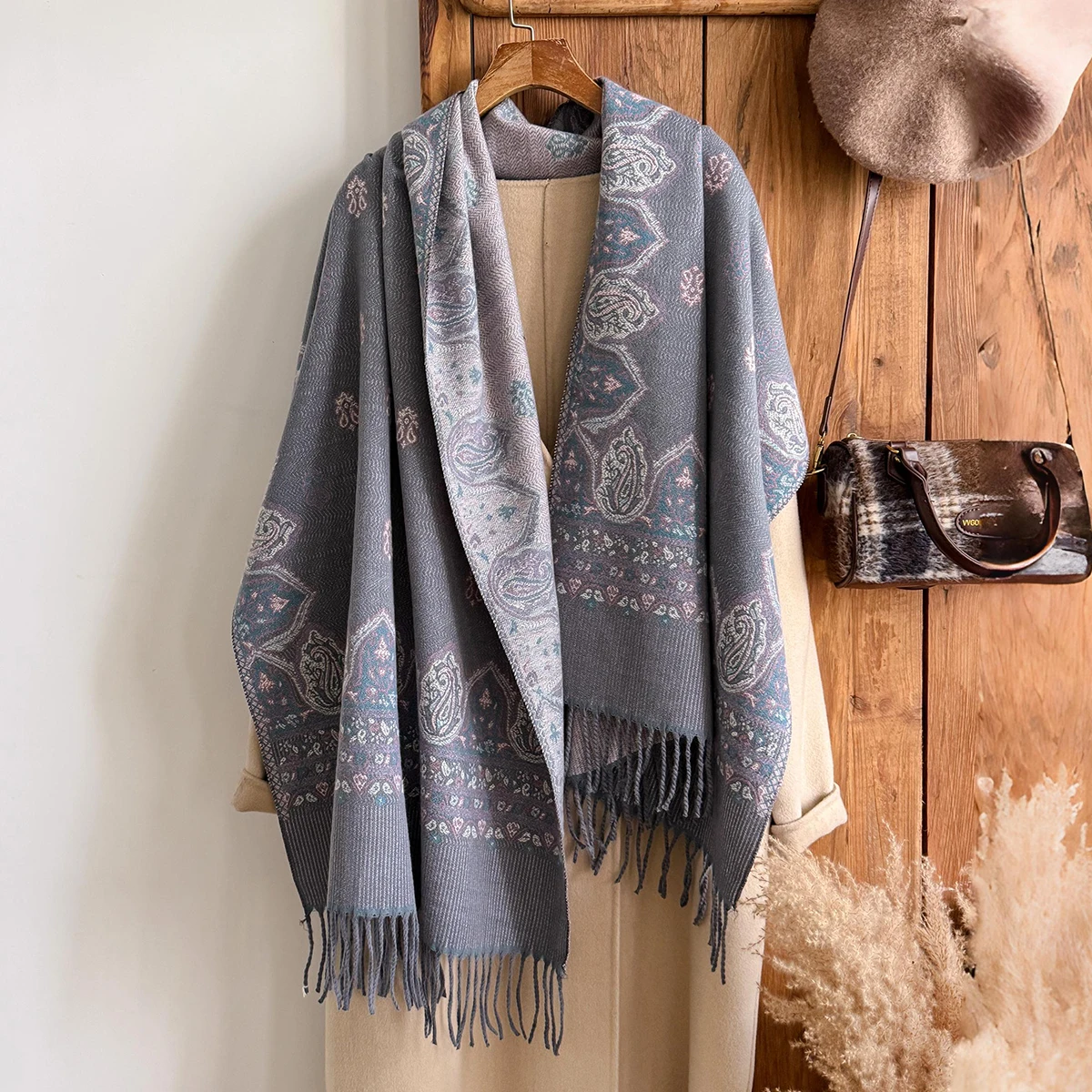 Brand Fashion Women's Winter Warm Cashmere Shawl - Vintage Floral Oil Painting Printed Tasseled Pashmina Thick Wrap