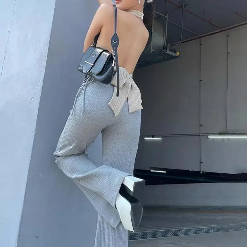 2024 Spring Female High Waist Streetwear Drawstring Bandage Casual Full Length Pants Women Slim Bell Bottom Ribbed Knitted Pants