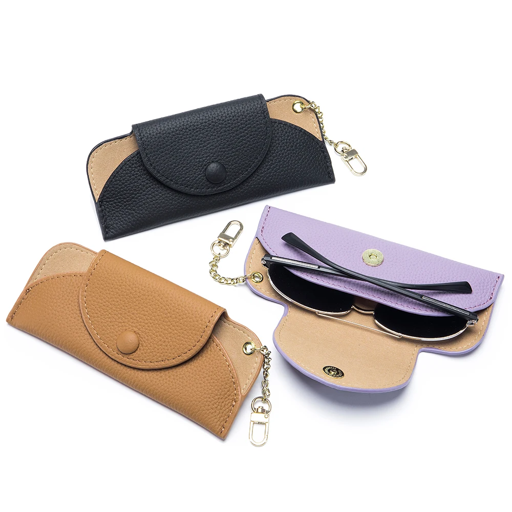 Genuine Leather Artistic Glasses Bag Sunglasses  Storage Bag High-grade Sense Ins Ultra-thin Portable Chain Glasses Bag Black
