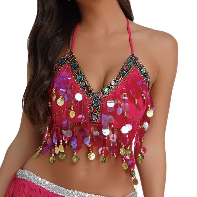 Women Belly Dance Tassel Crop Top Sequin Colored Diamond Halter Top Bandage Tank Top Strappy Backless Party  Beach Shinny Vest