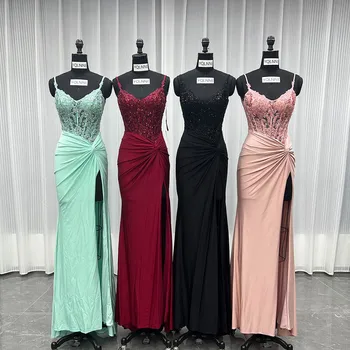 YQLNNE 01 Sexy Black Long Slit Evening Dresses Spaghetti Embroidered Beading Women Wedding Party Formal Gowns Mermaid