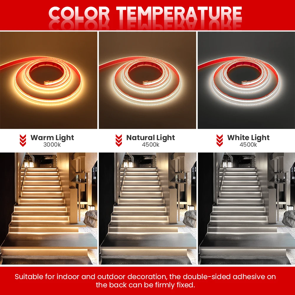 접착 테이프가 있는 조도 조절 COB LED 스트립 조명, 유연한 LED 테이프, 방수 LED 리본 EU 스위치, 220V, 288LEDs/m