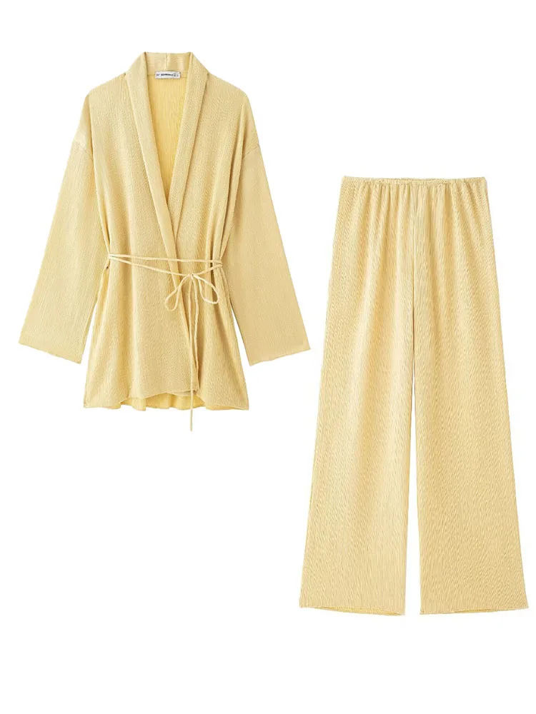 thumbnail image 1 of HH TRAF Conjunto de 2 piezas para mujer, con textura plisada, encaje, camisa tipo kimono decorada, elegante, cintura elástica, pierna ancha, pantalón largo liso para mujer, 1 of 4