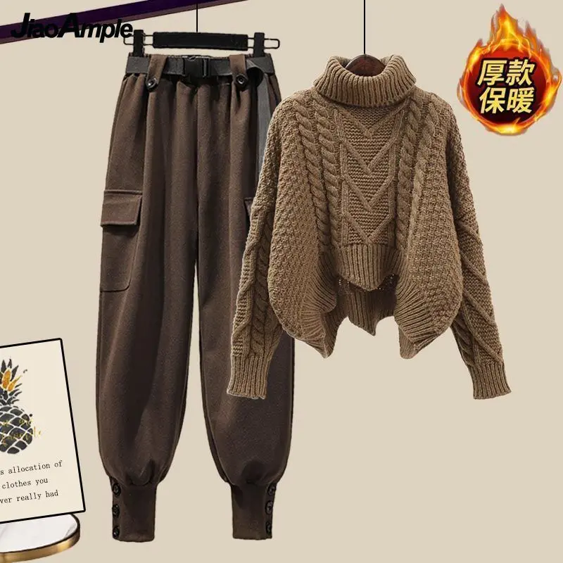 Survêtement d'hiver chaud pour femme, ensemble assressenti, pull à col haut élégant coréen, pantalon de travail décontracté, femme trempée, nouveau, 2 pièces 1 Survêtement d'hiver chaud pour femme, ensemble assressenti, pull à col haut élégant coréen, pantalon de travail décontracté, femme trempée, nouveau, 2 pièces 1