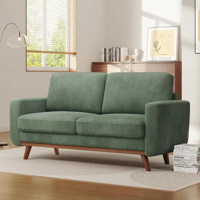 68" Green Loveseat Sofa, Comfy Corduroy with Spring Cushion, Solid Wood Frame, Modern Deep Seat for Bedroom , Customized