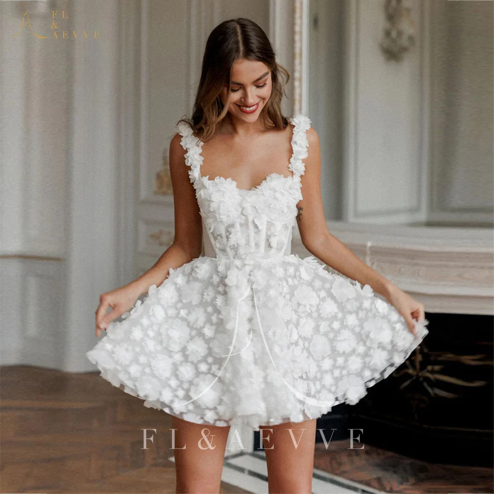 Wedding Dresses FL&AEVVE Mini Wedding Dresses 3D Flower Lace Bridal Dress Sleeveless Lace-up Spaghetti Strap Prom Party Gown
