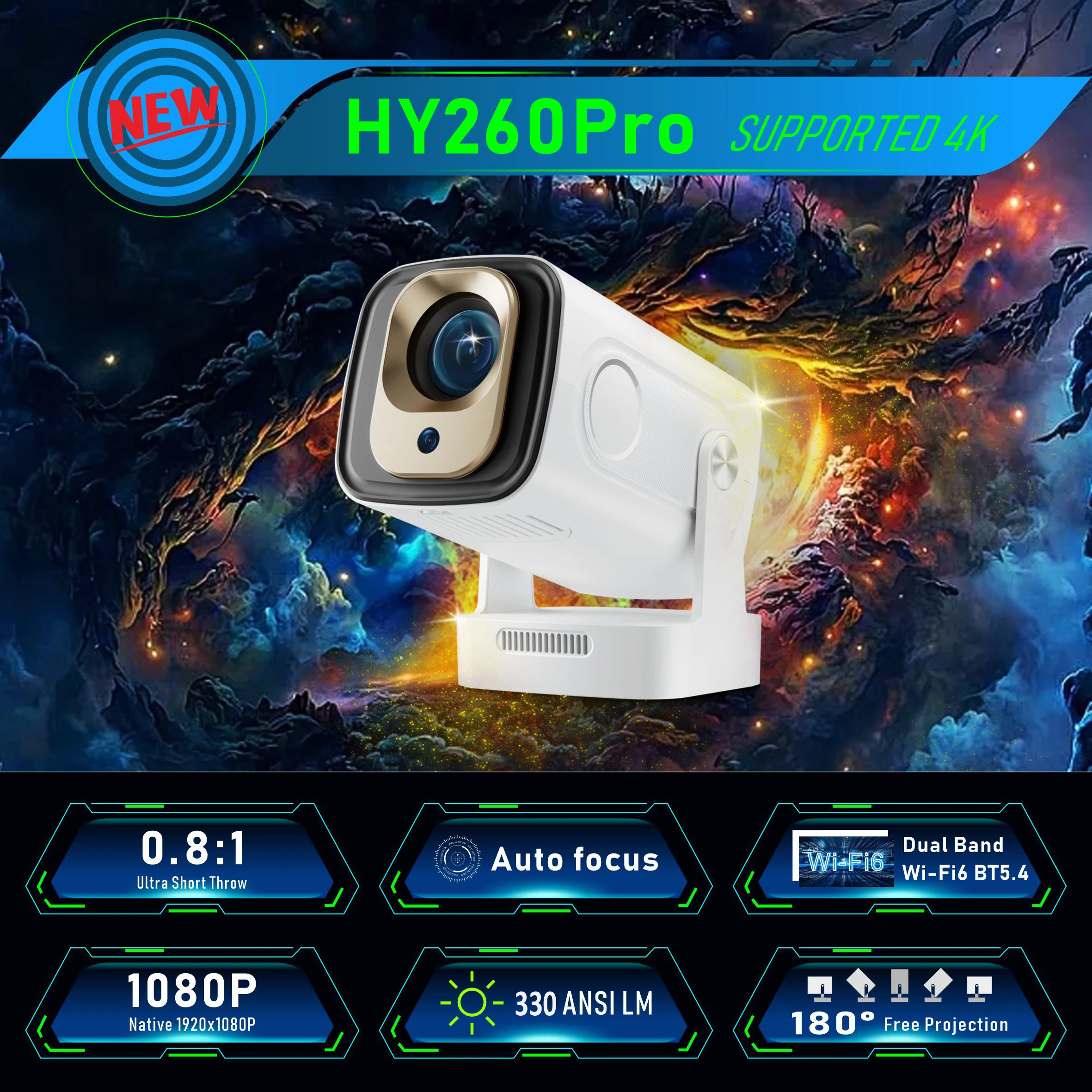 HY260 Pro Projector 330 Ansi Supperted 4K Android 11 Wifi6 BT5.4 Auto Focus Voic