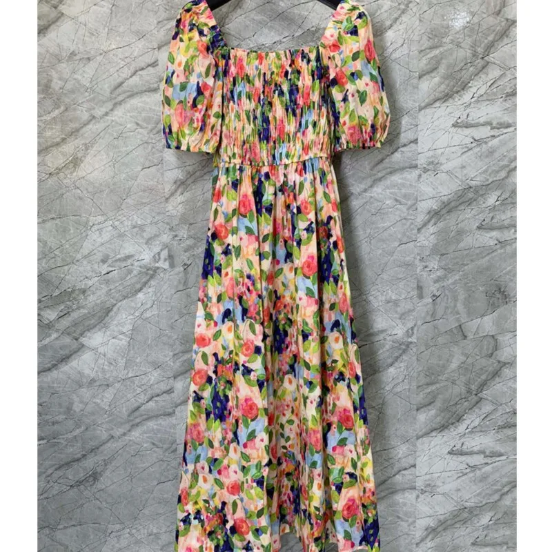 

Puff Mid Sleeve Long Dress Casual Vintage Floral Print Maxi Dress for Women 2024 French Elegant Sweet Boho Holiday Beach Dress