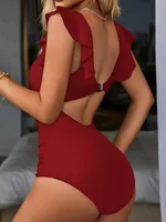 Maillot de bain une pièce en maille contrastée, col en V, couleur unie, dos nu, contrôle du ventre, coupe haute, vêtements et maillots de bain pour femmes 3
