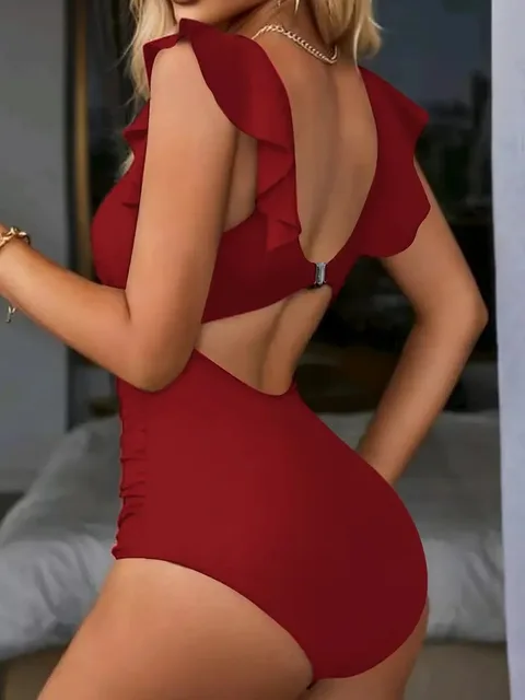 Contrast Mesh One Piece Swimsuit, V Neck Solid Color Backless Tummy Control High Cut Bathing Suit, Women's Swimwear & Clothing 3