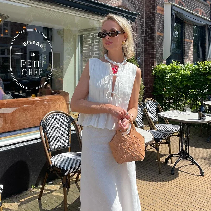 Elegant White Lace Up Tops For Women Pleated O-neck Sleeveless Ruffles Tank Summer New Chic Lady Party Vacation Vest