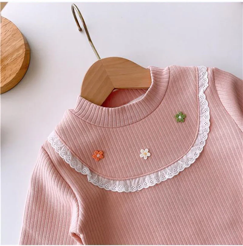 Girls Fleece Padded Shirts Cute Embroidery Flower Tops