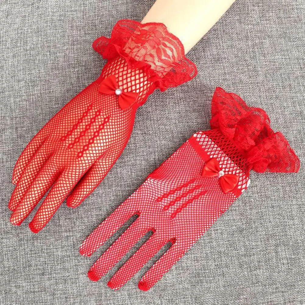 Lace Bow Decoration Gloves Elegant Lace Bow Wedding Gloves with Faux Pearl Decor Ruffle Edge Women's Prom for Bride for Special