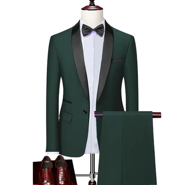Men Skinny 3 Pieces Set Formal Slim Fit Tuxedo Prom Suit / Male Groom Wedding Blazers High Quality Dress Jacket Coat Pants Vest - 2 Pcs Set Green, Asian L is US XS