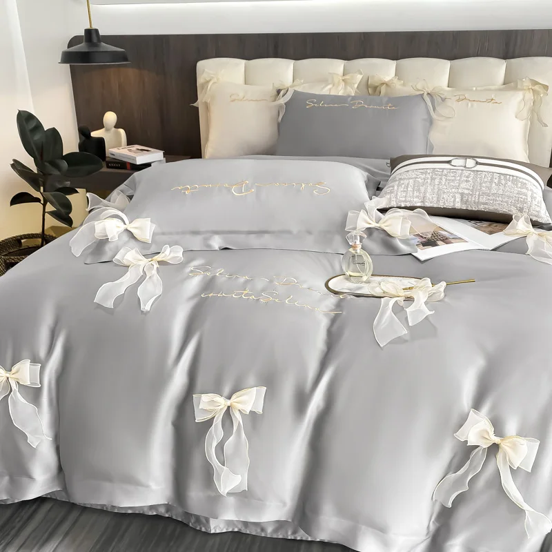 Cute Bow Bedding Set Queen Size Embroidery Flat Sheet Egyptian Cotton Linen  Ropa De Cama Duvet Cover 4/7pcs - AliExpress