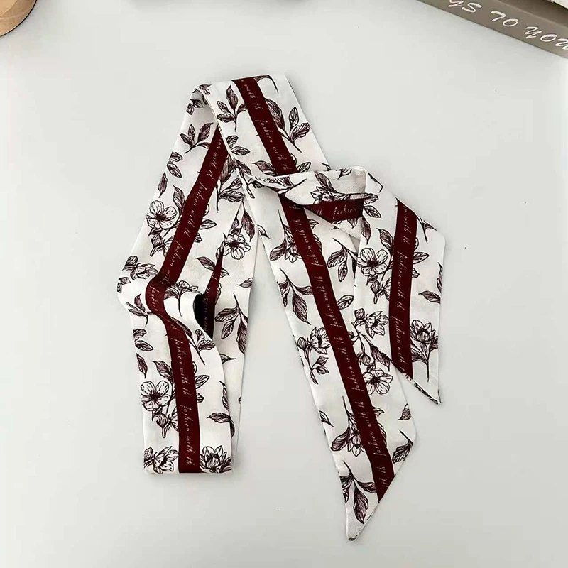 2026 Neu eingetroffen: Damen schmaler langer Schal aus bedrucktem Chiffon-Seide, rotes Gummi-Band, schwarzes Taschenband, Stirnbänder, Choker, Streamer, 7x140 cm – Detail 8