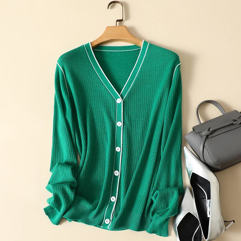 

Solid Striped Knitted Women Sweater Cardigan Autumn V-Neck Slim Sweet Style Elegant Female Outwear Coats Top Quality