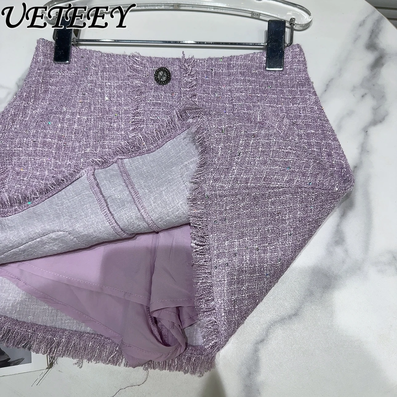 Summer New Fashion Sleeveless Short Coat Burrs Tassels Tweed Waistcoat Vest and A-line Mini Skirt Outfit Women's Two Piece Set