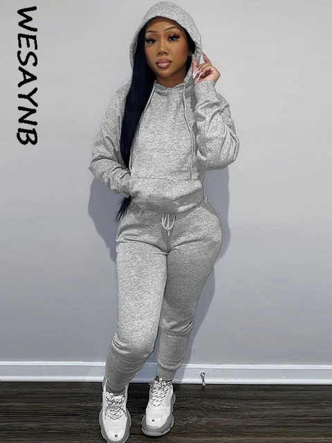 Chándal informal de 2 piezas para mujer, conjunto de pantalones y camiseta  con capucha de manga larga, color gris, para invierno, 2022 - AliExpress