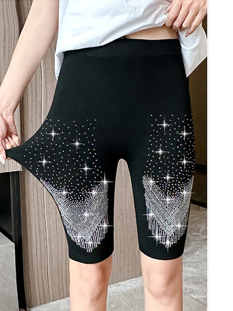 

Black Skinny New Sexy Leggings Women Rhinestone Design Shiny Gym Tights Stretch Short Pants High Quality Workout Leggins