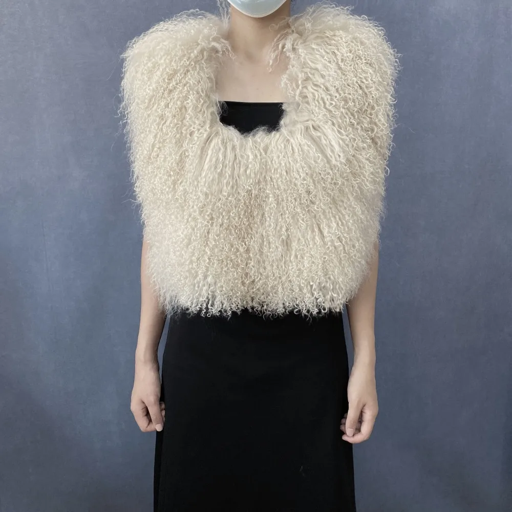 Gilet court en peau de mouton mongole véritable pour femmes, dos nu, col licou, chaud, mode Streetwear, Style 2025, vêtements d'extérieur en fourrure de mouton