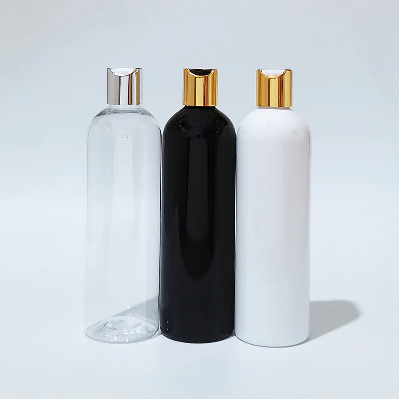 

15pcs 400ml Empty white Black Plastic Bottle Gold Press Cap Shampoo PET Lotion Bottle Travel Size With Gold Disc Top Cover
