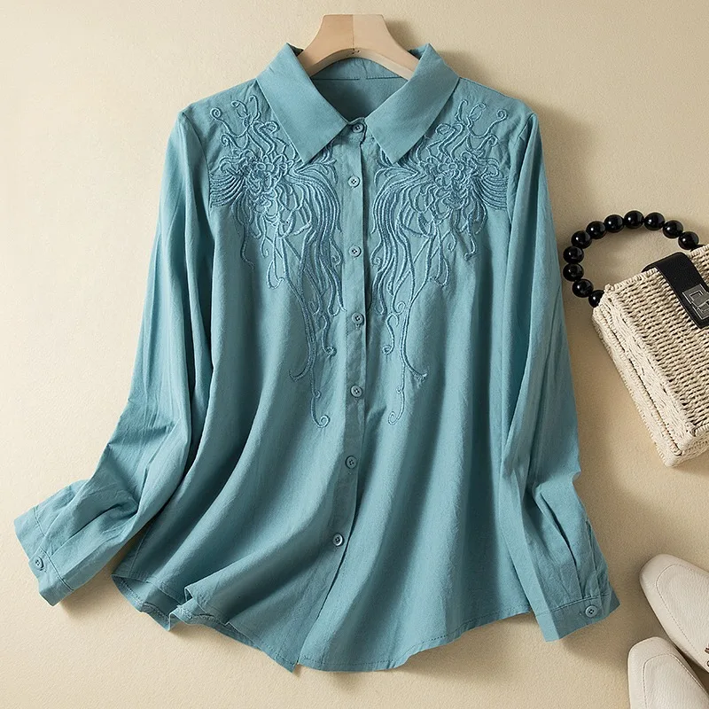 Chinese Style Women's Shirt Summer Cotton Linen Vintage Blouses Embroidery Clothing Loose Long Sleeve Women Tops