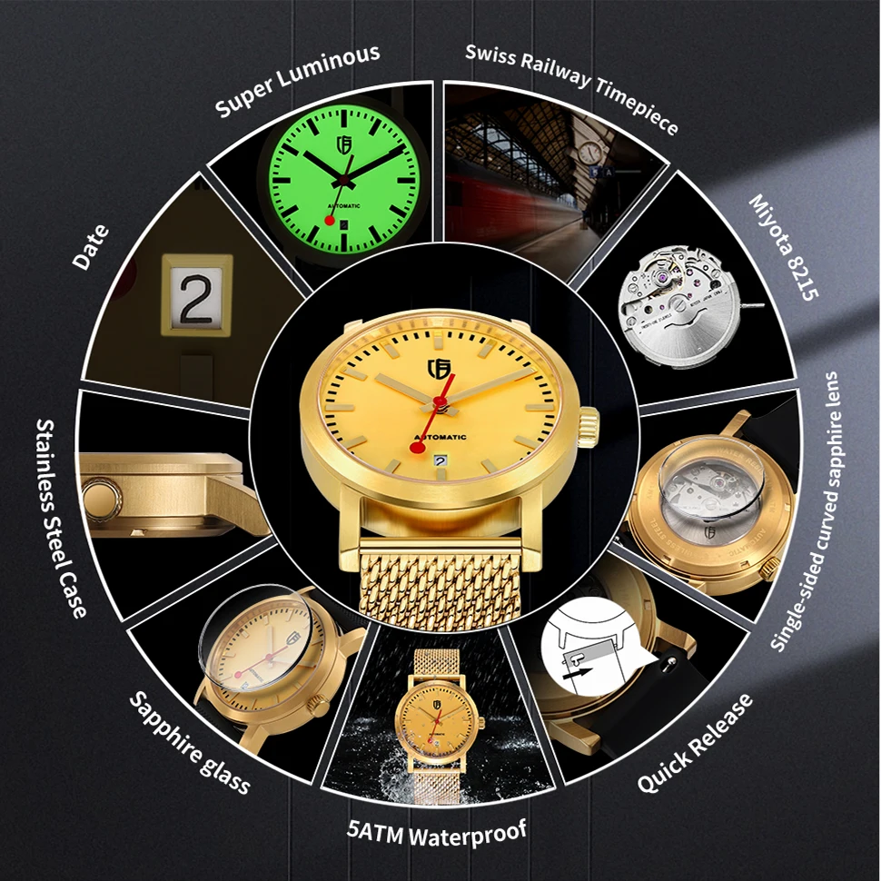 BERNY Watch for Men Automatic Self-Wind Gold Watch Luxury Brand Super Luminous Mechanical Swiss Railroad Wristwatch Men 5ATM