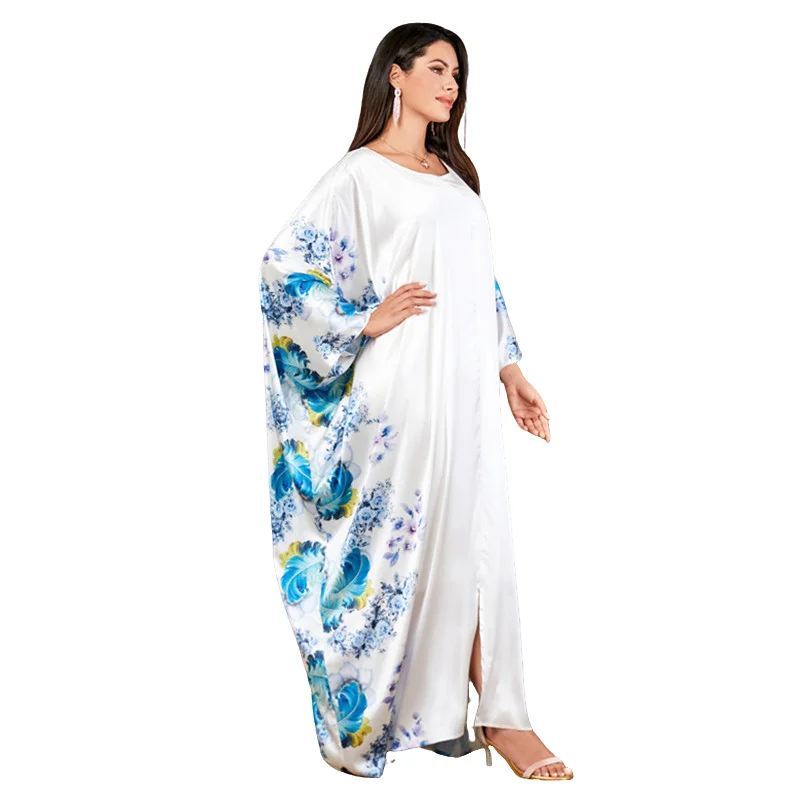White Muslim Dress For Women Loose Turkey Woman Robe Batwing long Sleeve Dubai Pleated Casual Party Islamic Print Clothing